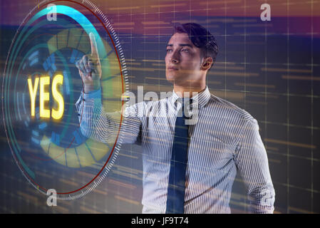 Businessman pressing virtual button YES Stock Photo