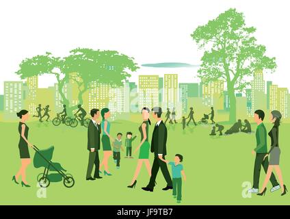 summer in the park with people walking Stock Vector