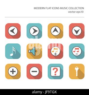 Modern flat icons vector collection with long shadow effect in stylish colors of music items. Stock Vector