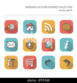 Modern flat icons vector collection with long shadow effect in stylish colors of internet items. Stock Vector