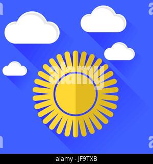 Sun Icon Isolated on Blue Sky Background. Long Shadow Stock Vector