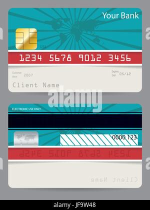 Credit card in turquoise and red with bursting world map Stock Vector
