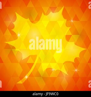 Single Yellow Mosaic Autumn Leaf on Orange Polygonal Background Stock Vector