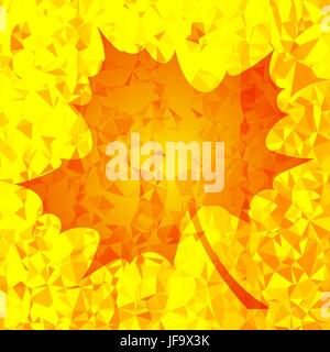 Single Orange Mosaic Autumn Leaf on Yellow Polygonal Background Stock Vector