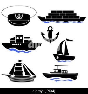 Sea Ships Silhouettes Isolated on White Background. Anchor Icon. Captain Hat Icon Stock Vector