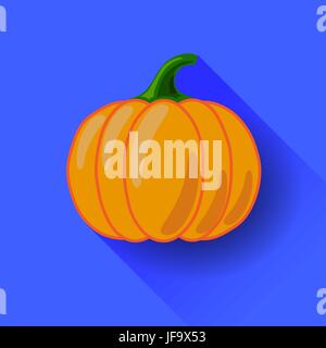 Orange Pumpkin Icon Isolated on Blue Background. Long Shadow. Symbol of Halloween Stock Vector