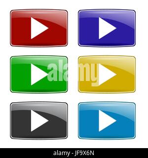 Set of Colorful Play Icons Isolated on White Background. Glossy Colored Play Buttons Stock Vector