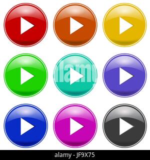 Set of Colorful Play Icons Isolated on White Background. Glossy Colored Play Buttons Stock Vector