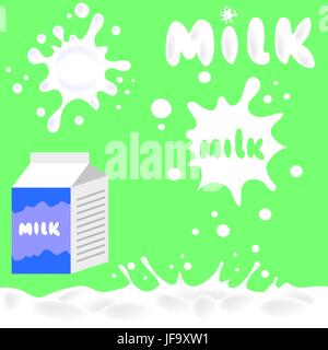 Milk Box and Milk Blots Isolated on Green Background Stock Vector