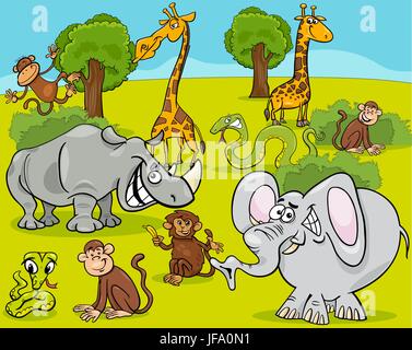 Zoo Cartoon Illustration with Safari Animals Monkey, Cage and Visitors ...