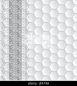 Abstract brochure with tire tracks and hexagon pattern Stock Vector