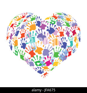 Heart shape formed with colorful handprints Stock Photo