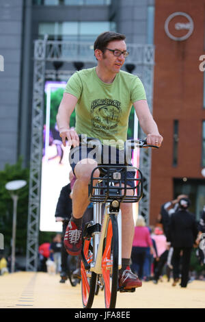 Manchester, UK. 29th June, 2017. A cyclist taking part in the Manchester International festival, Piccadilly Gardens, Manchester, 29th June, 2017 (C)Barbara Cook/Alamy Live News Credit: Barbara Cook/Alamy Live News Stock Photo