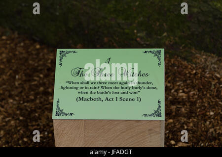 Glamis, UK. 30th June 2017. Glamis Castle launches Macbeth trail. Wooden sign of The Three Witches from Act 1 Scene 1 of Macbeth made by Neith Art & Sculpture. Anne Johnston/Alamy Live News Stock Photo