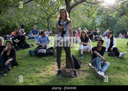 London, UK. 30th June, 2017. Theresa May's Leaving Drinks in St James's Park in London, England, United Kingdom. Following the General Election, there has been a great deal of dismay concerning the legitimacy of the Conservative government and Conservative plans for Brexit, and this has sparked events, which although a satirical leaving party, also a political statement of discontent. A precursor to larger demonstration in London the following day. Credit: Michael Kemp/Alamy Live News Stock Photo