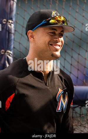 Milwaukee, WI, USA. 30th June, 2017. Miami Marlins right fielder Giancarlo Stanton #27 smiles after hitting a home run during batting practice that landed above Bernie's dugout in left field before the Major League Baseball game between the Milwaukee Brewers and the Miami Marlins at Miller Park in Milwaukee, WI. John Fisher/CSM/Alamy Live News Stock Photo