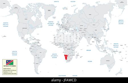 World map with Namibia, small information box and flag Stock Vector