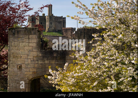 Warkworth Bridge Gate and castle, Northumberland Stock Photo