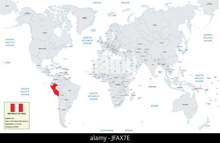 World map with the republic of Peru, small information box and flag Stock Vector