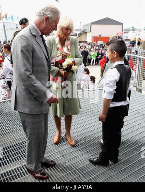 The Duchess of Cornwall and Prince of Wales during an official welcome ceremony at Nunavut Legislative Assembly in Iqaluit during a 3 day official visit to Canada. Stock Photo