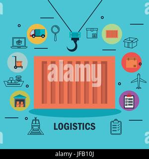 Container and crane hook with delivery related icons over blue background vector illustration Stock Vector