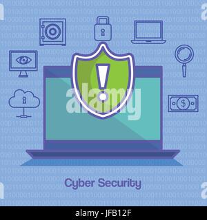 Laptop with shield and hand drawn cyber security related icons over blue background with binary code Stock Vector