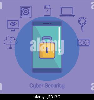 Smartphone with lock and hand drawn cyber security related objects over purple background Stock Vector