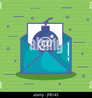Envelope with bomb and at symbol over green background with binary code vector illustration Stock Vector