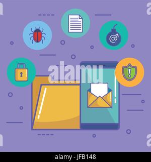 Folder and smartphone with envelope and cyber security related icons over purple background vector illustration Stock Vector