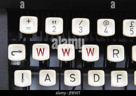 Close up of old manual typewriter keys with three displaying WWW in red to illustrate old technology meets new, Web authoring, blogging etc. Stock Photo