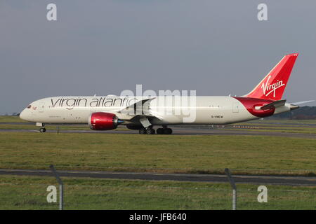 G-VNEW 'Birthday Girl', a Boeing 787 operated by Virgin Atlantic, at Prestwick International Airport in Ayrshire. Stock Photo