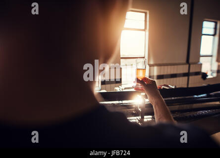 Rear view of manufacturer examining beer in glass at brewery. Man working at brewery checking the quality of beer in factory. Stock Photo