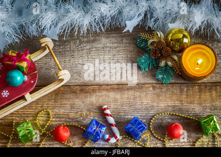 gift boxes, Christmas toys, sleds Stock Photo