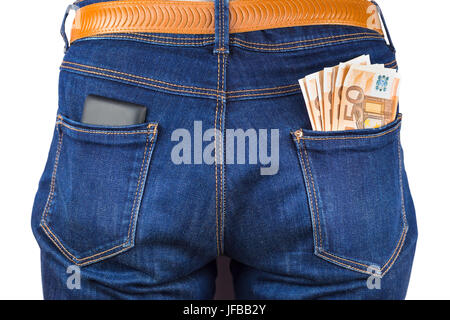 Mobile phone and euro money in blue jeans Stock Photo