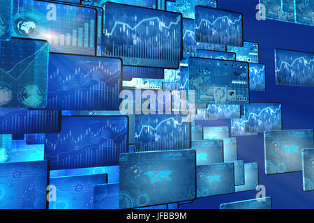 Many screen monitors with charts and graphs Stock Photo