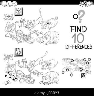 Differences game with cartoon cats coloring page Stock Photo - Alamy