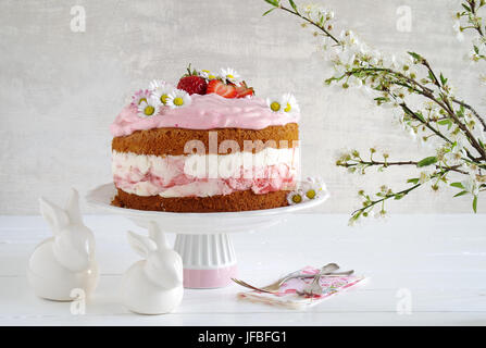 strawberry cream cake with daisy to easter Stock Photo