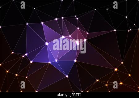 Purple brown black abstract low poly geometric background with white triangle mesh and defocused lights. Stock Vector
