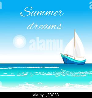 Sea view with cartoon sailboat and sun on the blue sky. Seaside background for flyer, banner, greeting card and invitation Stock Vector
