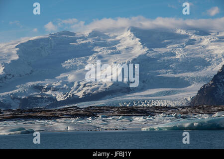 Looking across the Jokulsarlon Lagoon at the snow-covered glaciers in the Vatnajokull National Park in Iceland on a sunny March day, clouds, blue sky.