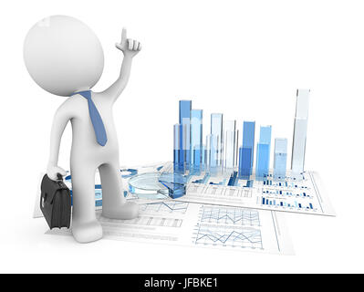 Dude 3D character pointing up on financial document with 3d graphs and pie of blue glass. 3d Render. Stock Photo