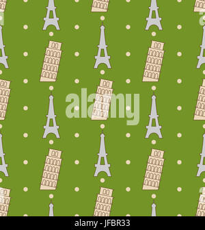 Illustration Seamless Pattern of the Architectural Symbols, Famous Landmarks Leaning and Eiffel Towers. Vintage Texture - Stock Photo