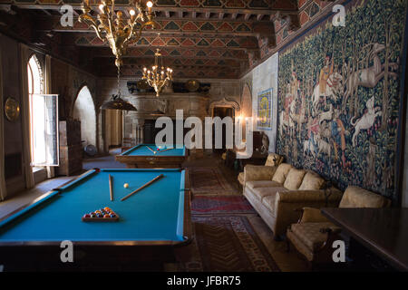 The Hearst Castle billiards room is decorated with furniture, tapestries, artwork and ornate light fixtures. Stock Photo