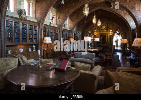 A library and sitting room decorated with furniture, artwork, books and ornate light fixtures. Stock Photo