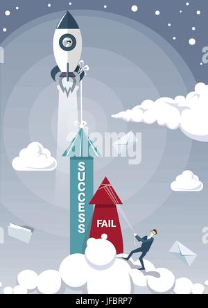 Business Man Hold Fail With Rope While Sucess Arrow Growing Up With Space Ship Rocket Flying Successful Startup Concept Stock Vector