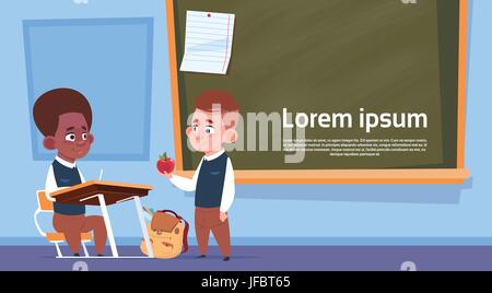 Mix Race Pupils In Class Room, Two School Boys Over Chalk Board Stock Vector