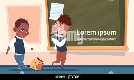 Mix Race Pupils In Class Room, Two Bad School Boys Over Chalk Board Stock Vector