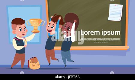 Mix Race Pupils In Class Room Holding Golden Cup, School Boys Over Chalk Board Stock Vector