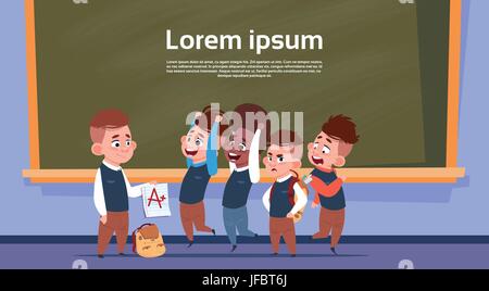 Mix Race Pupils In Class Room After Test Show Mark, School Boys Over Chalk Board Stock Vector