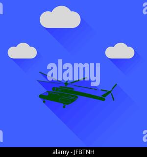Green Helicopter Silhouette on Blue Sky Background. Long Shadow Stock Vector